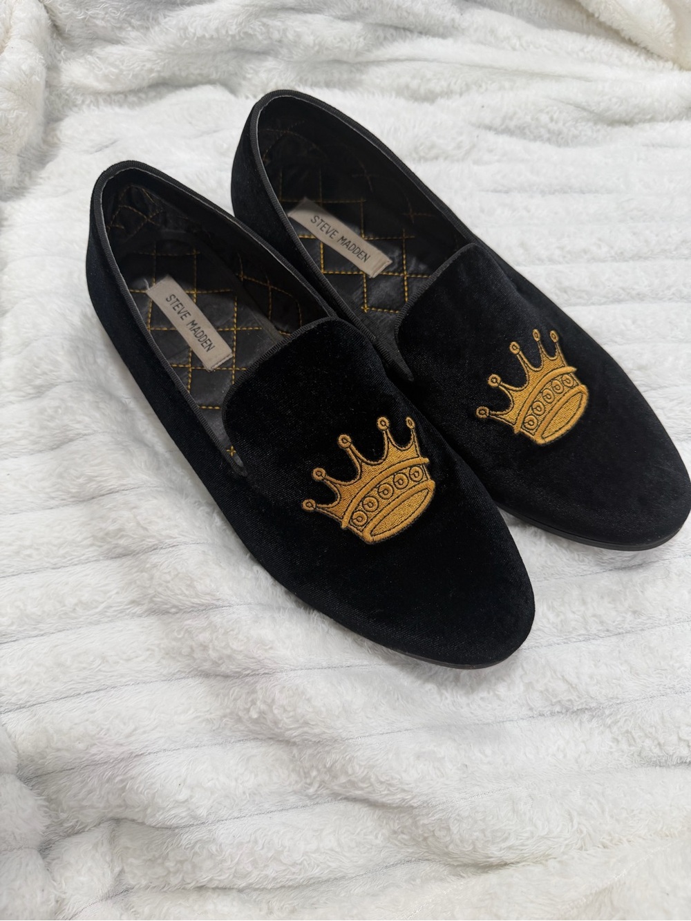 Steve Madden Black Velvet Gold Crown Embroidered Smoking Loafers Size 11